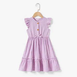 Mommy and Me Solid Color Purple Button Cotton V-neck Tiered Dress #1316841