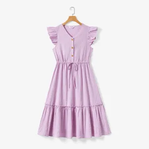 Mommy and Me Solid Color Purple Button Cotton V-neck Tiered Dress #1316847