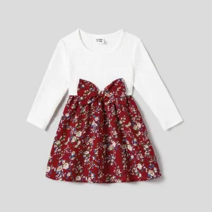 Mommy and Me Spliced Floral Print Ruffle Trim Tulip Hem Belted Long-sleeve Dresses