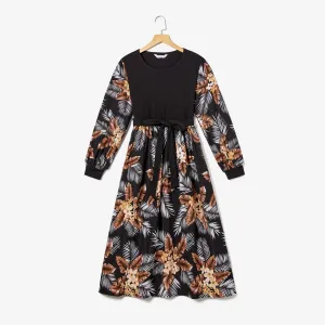 Mommy and Me Tropical Floral Print Bow Decor Long-sleeve Dresses #1196462