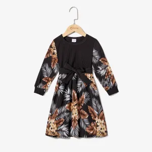 Mommy and Me Tropical Floral Print Bow Decor Long-sleeve Dresses #1196467
