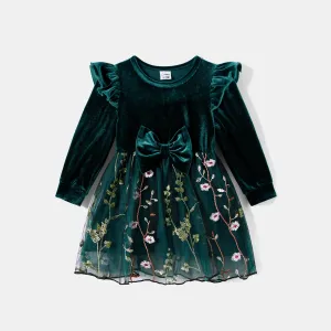 Mommy and Me Velet Splice Floral Embroidered Long-Sleeved Mesh Dresses