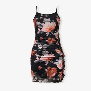 Mommy and Me Vintage Floral Mesh Bodycon Strap Dress with Ruffle Accents Side #1331327
