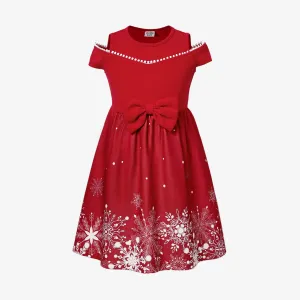 Mommy & Me Snowflake Print Red Off-shoulder/Open-shoulder Sleeveless Dresses