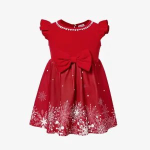 Mommy & Me Snowflake Print Red Off-shoulder/Open-shoulder Sleeveless Dresses