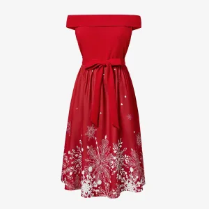 Mommy & Me Snowflake Print Red Off-shoulder/Open-shoulder Sleeveless Dresses #1315710
