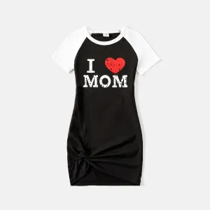 Mommy and Me Cotton Raglan Sleeve Heart & Letter Print Twist Knot Bodycon Dresses #220608
