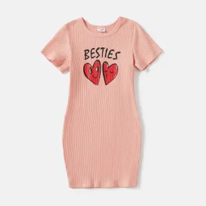 Mommy and Me Pink Cotton Ribbed Heart & Letter Print Short-sleeve Bodycon Dresses #221630