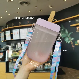 300ml Cute Straw Cup New Plastic Popsicle Shape Water Bottle BPA Free Transparent Juice Drinking Cup Suitable for Boys Girls #1048030