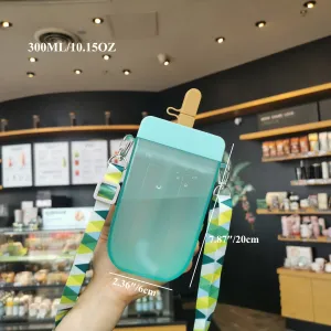 300ml Cute Straw Cup New Plastic Popsicle Shape Water Bottle BPA Free Transparent Juice Drinking Cup Suitable for Boys Girls #1048031