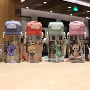 550ML/18.6OZ Cute Cartoon Pattern Kids Straw Water Bottle Plastic Portable Silicone Straight Drinking Straws Cup with Scale and Personalized Handle #197964
