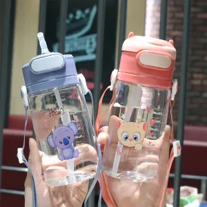 550ML/18.6OZ Cute Cartoon Pattern Kids Straw Water Bottle Plastic Portable Silicone Straight Drinking Straws Cup with Scale and Personalized Handle #197965
