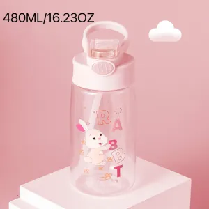 480ML/16.23OZ Kids Cartoon Print Straw Water Bottle Plastic Sippy Cup with Handle Easy Use for Girls and Boys #196193