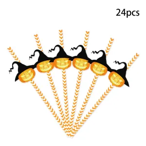 Set of 24 Halloween Decorative Paper Straws with Spider, Pumpkin, and Witch Attachments #1073566