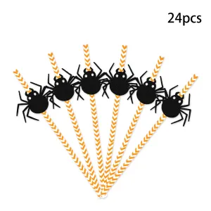 Set of 24 Halloween Decorative Paper Straws with Spider, Pumpkin, and Witch Attachments #1073567