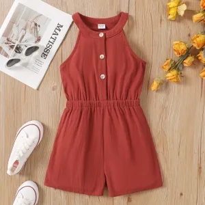 Kid Girl 100% Cotton Front Buttons Solid Halter Romper #925318