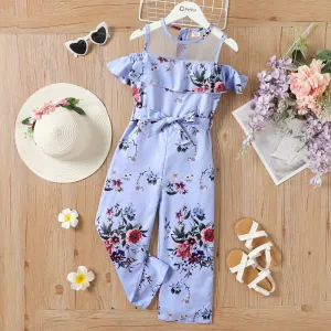 Kid Girl Allover Floral Print Mesh Panel Ruffled Belted Jumpsuit #1048880