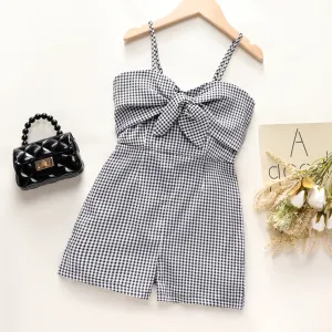 Kid Girl Bow Front Plaid Cami Romper #896335
