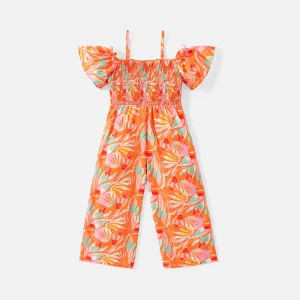 Kid Girl Floral Print Smocked Off Shoulder Cami Jumpsuits #765641