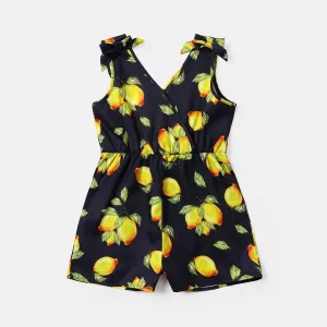 Kid Girl Lemon Print Surplice Neck Bowknot Design Sleeveless Rompers #1032258