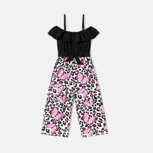 Kid Girl Leopard & Butterfly Print Panel Belted Ruffled Slip Jumpsuit #847894
