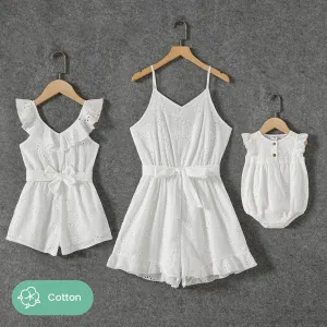 Mommy and Me 100% Cotton White Ruffle Trim Sleeveless Belted Rompers #907479