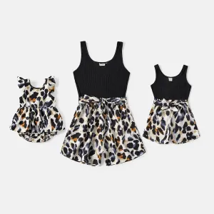 Mommy and Me Black & Leopard Print Spliced Tank Rompers #224779