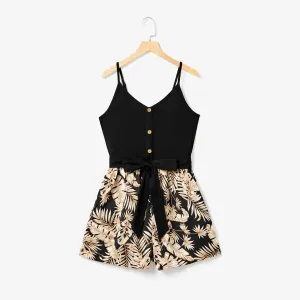 Mommy and Me Camisole Leaf Print Belted One-piece Romper with Pockets #1318052