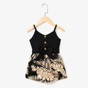 Mommy and Me Camisole Leaf Print Belted One-piece Romper with Pockets #1318058