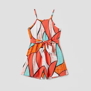 Mommy and Me Geometrical Pattern Belted Strap Romper #1322090