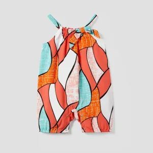 Mommy and Me Geometrical Pattern Belted Strap Romper #1322095