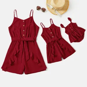 Mommy and Me Red Swiss Dot Ruffle Trim Belted Cami Rompers #904633