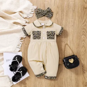 100% Cotton 2pcs Baby Girl Leopard Splicing Peter Pan Collar Short-sleeve Jumpsuit with Headband Set #198086