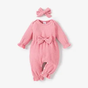 2pcs Baby Girl 100% Cotton Solid Ribbed Long-sleeve Bowknot Ruffle Jumpsuit and Headband Set #194839