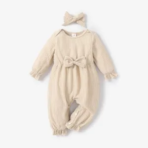 2pcs Baby Girl 100% Cotton Solid Ribbed Long-sleeve Bowknot Ruffle Jumpsuit and Headband Set #194844