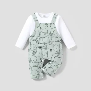 100% Cotton Baby Boy/Girl All Over Cartoon Elephant Print Faux-two Long-sleeve Jumpsuit #783817
