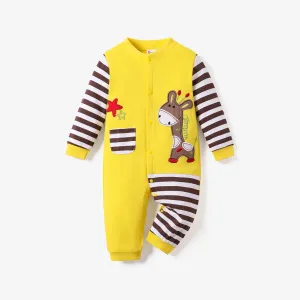 100% Cotton Giraffe Applique Stripe Print Long-sleeve Baby Jumpsuit