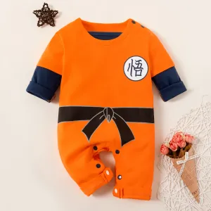 100% Cotton Kungfu Style Color Block Long-sleeve Orange Baby Jumpsuit