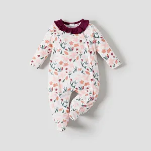 100% Cotton Rabbit and Floral Print White Baby Jumpsuit #783607