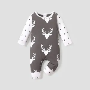 100% Cotton Reindeer Print Color Block Long-sleeve Baby Jumpsuit #188076