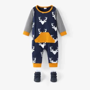 100% Cotton Reindeer Print Color Block Long-sleeve Baby Jumpsuit #188077