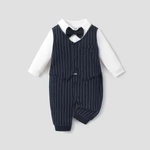 100% Cotton Stripe Print Bow Tie Decor Long-sleeve Baby Jumpsuit #188092
