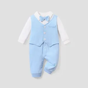 100% Cotton Stripe Print Bow Tie Decor Long-sleeve Baby Jumpsuit #188105