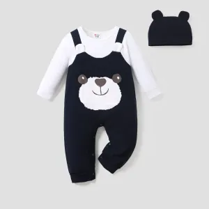 2pcs Baby Boy 95% Cotton Long-sleeve Faux-two Cartoon Panda Jumpsuit with Hat Set #187384