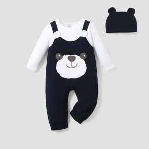2pcs Baby Boy 95% Cotton Long-sleeve Faux-two Cartoon Panda Jumpsuit with Hat Set #187387