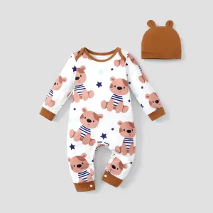 2pcs Baby Boy Allover Bear Print Long-sleeve Jumpsuit and Ear Hat Set #1056465