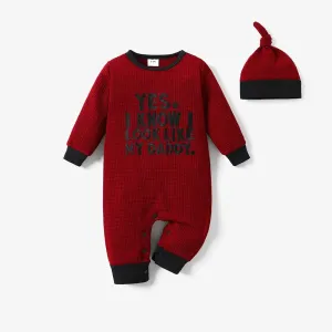2pcs Baby Boy/Girl Letter Embroidered Long-sleeve Knitted Jumpsuit with Hat Set #211512