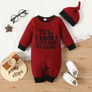 2pcs Baby Boy/Girl Letter Embroidered Long-sleeve Knitted Jumpsuit with Hat Set #211515