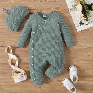 2pcs Baby Boy/Girl Solid Rib Knit Button Front Long-sleeve Jumpsuit with Hat Set #784237
