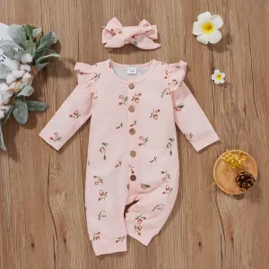 2pcs Baby Girl 95% Cotton Long-sleeve Floral Print Ruffle Button Up Waffle Jumpsuit with Headband Set #191657